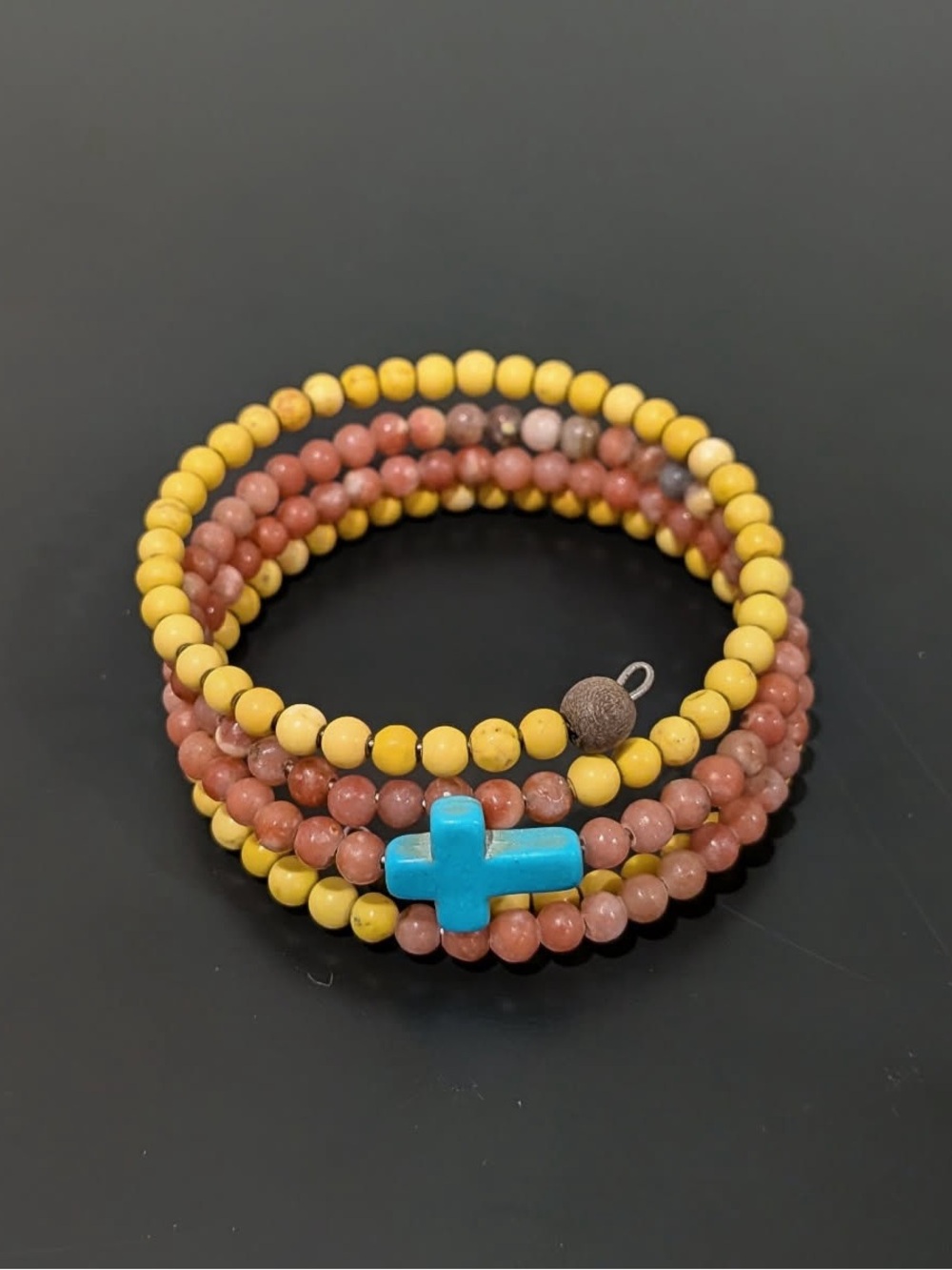 Yellow and Pink Beaded Wrap Bracelet with Turquoise Cross Accent
